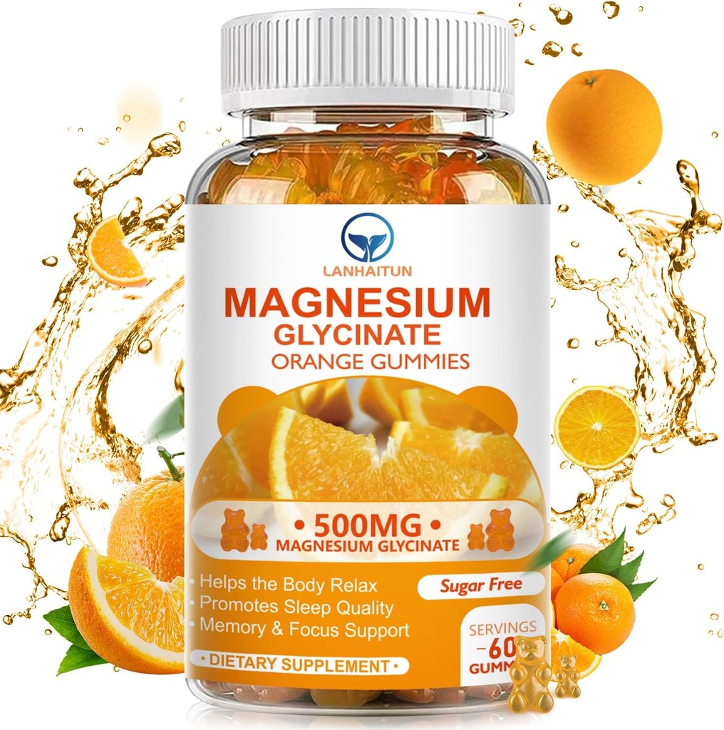Magnesio Glycinate 500mg Gummies con 100mg Magnesio L-Threonate per bambini adulti,Magnesium Gummies Zucchero Gratuito Magnesio Supplemento di potassio con vitamina D, B6,CoQ10 (60 Pack, arancione)