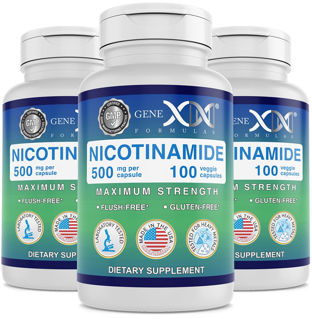 Genex Formeln Nicotinamid 500mg (3-Pack) Vitamin B3 Flush Free Niacin Kapseln für gesunde Haut - Niacinamid Supplement Pillen helfen, Keratin zu produzieren und die Gesundheit und Energie der Hautzellen zu unterstützen (300 Kapseln)