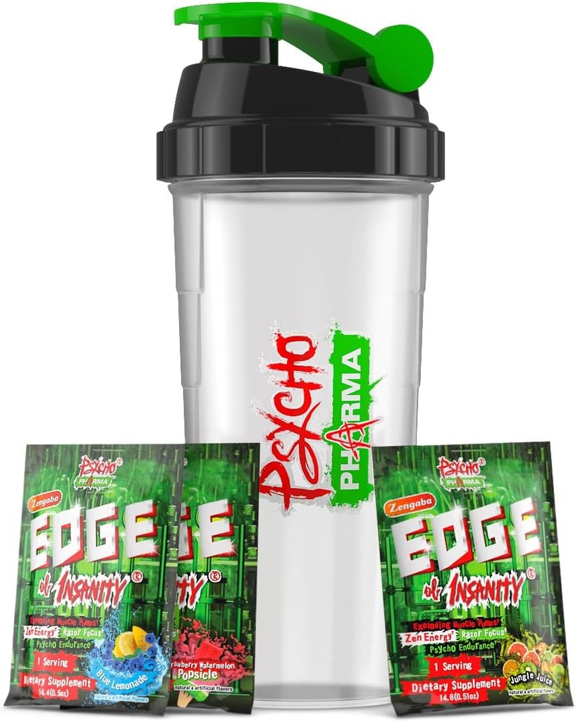 Psycho Pharma Edge of Insanity Pre Workout – Polvere più forte per pompe intenzionali, resistenza, energia e messa a fuoco – 3 sapori campione + Coppa di Shaker gratuito (Jungle Juice, Blue Lemonade, fragola)