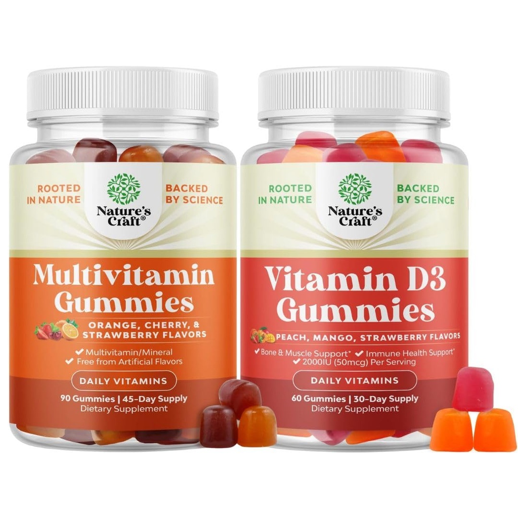 Bundle Multivitamin-Gummi für Erwachsene - Halal Multivitamin-Gummi mit B12 Biotin für Männer & Frauen und Vitamin D3-Gummi für tägliches Wellness mit 2000IU pro Servieren Knochenmuskel & Immununterstützung