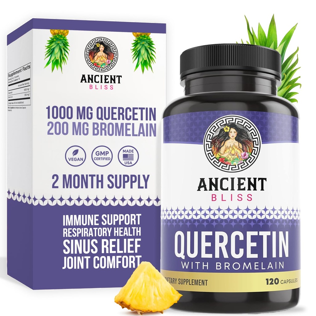 Antica Beatitudine Quercetina con Bromelain | Quercetin 1000mg Bromelain 200mg per Serving | Supporti Immune System, Joint Health, Respiratory Health & Overall Well-Being – 120 Capsule