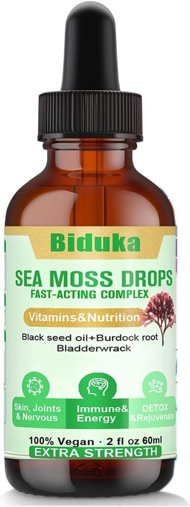 Irish Sea Moss Tropfen Black Seeds Öl, Blasdderwrack, Burdock Root, Vitamin C und Zink, Multimineral Drops Seamoss Supplement für Immun, Gelenk, Verdauung, Aging Support