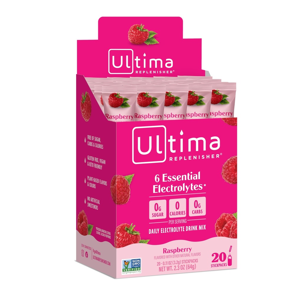 Ultima Replenisher, Electrolyte Hydration Drink Mix, Raspberry, 20 Conte Stickpacks Box - Sugar Free, 0 Calorie, 0 Carbs - Gluten-Free, Keto, Non-GMO, Vegan