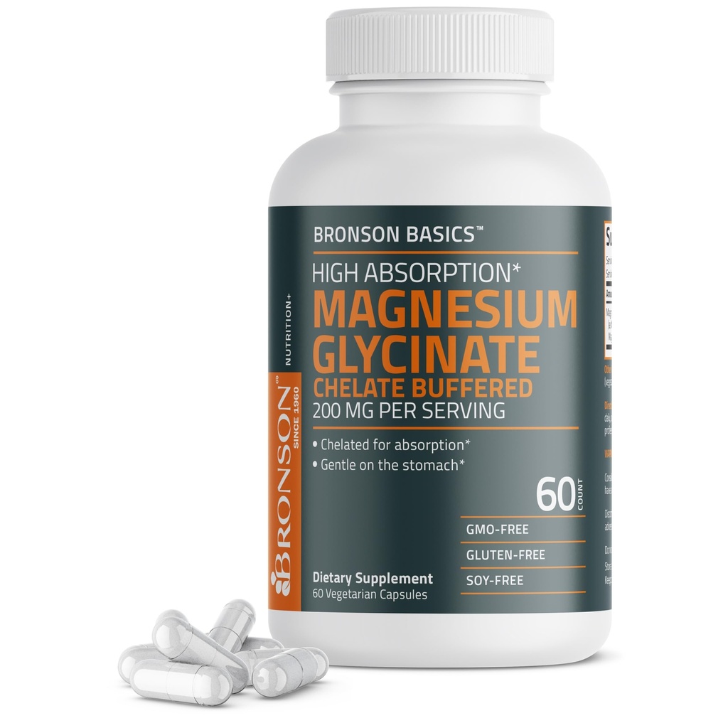 Bronson Magnesium Glycinate 200mg ad alto assorbimento Chelated Gentle Buffered On The Stomach Non-GMO, 60 capsule vegetariane