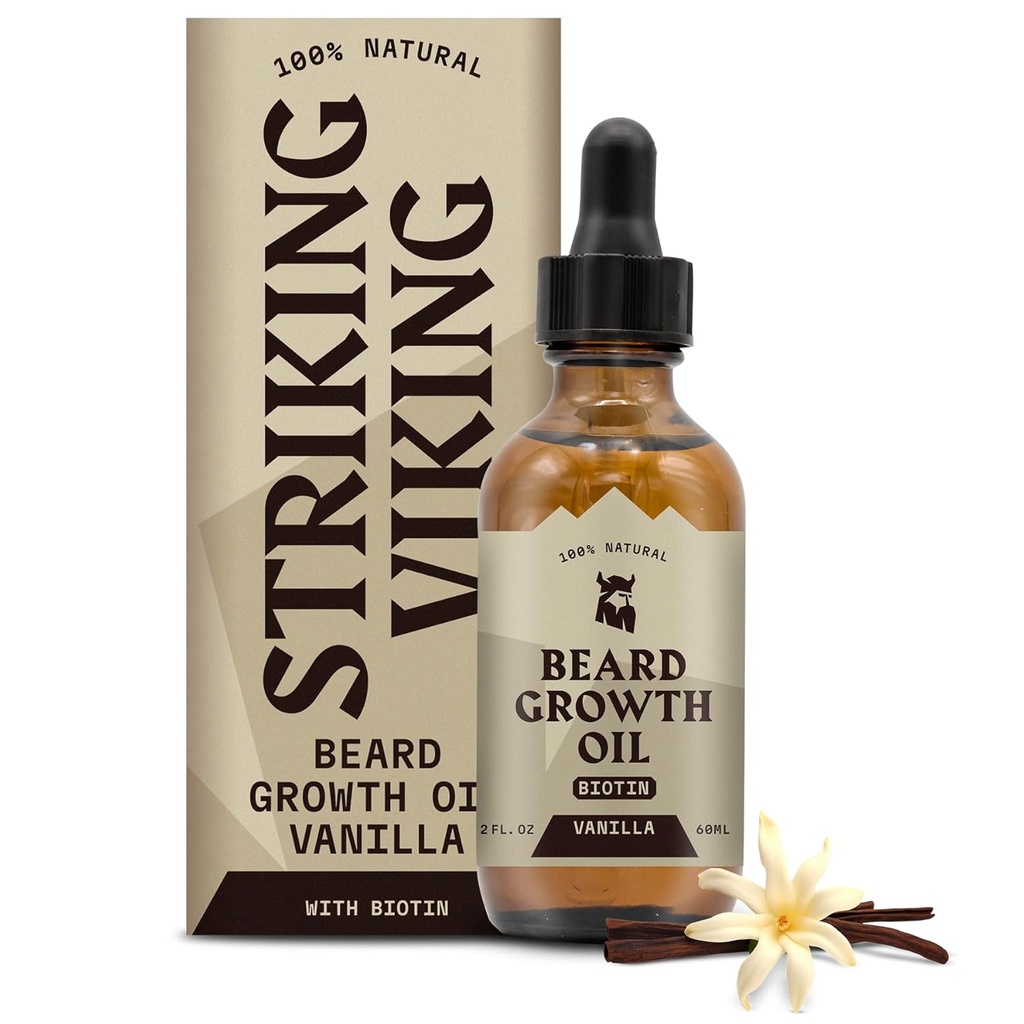 Striking Viking Beard Olio di crescita con Biotin - 2 Fl Oz, Vanilla - Thickening, Condizionato Biotin Beard olio siero per gli uomini con Argan & Jojoba - Siero di crescita dei capelli facciali per gli uomini