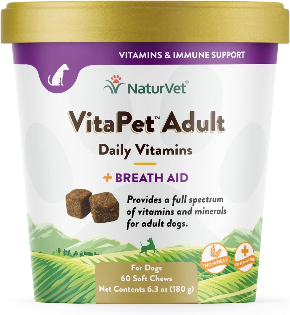 NaturVet VitaPet Vitamines quotidiennes adultes plus l'aide respiratoire pour chiens adultes, 60 ct Chews doux, fabriqués aux États-Unis avec des ingrédients de source mondiale