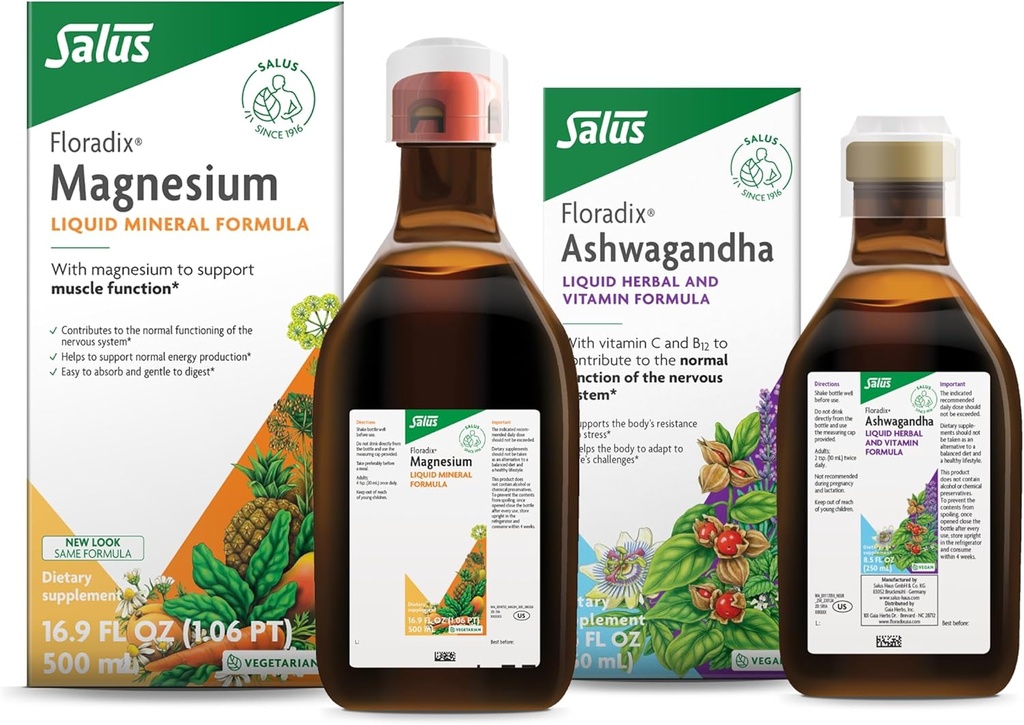Floradix von Salus Magnesium (16.9 oz) & Ashwagandha Liquid (8.5 oz) Bundle - Magnesium für Knochenunterstützung, Verdauungsgesundheit & More* - Ashwagandha, Vitamin C, Vitamin B12 & More für Stressunterstützung*