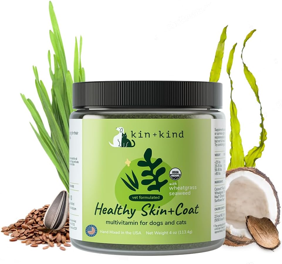 kin+kind Bio Multivitamin für Hunde & Katzen - Pet Supplement für Gesunde Haut und Mantel - Sicher, Natürliche Formel mit Wheatgrass, Kelp, Seaweed und Coconut - Made in USA - 4 oz (Medium)