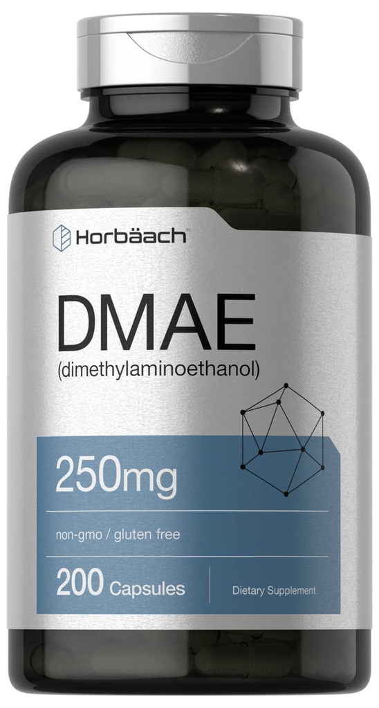 Supplément Horbaach DMAE : 250 mg 200 Capsules, sans OGM, sans gluten
