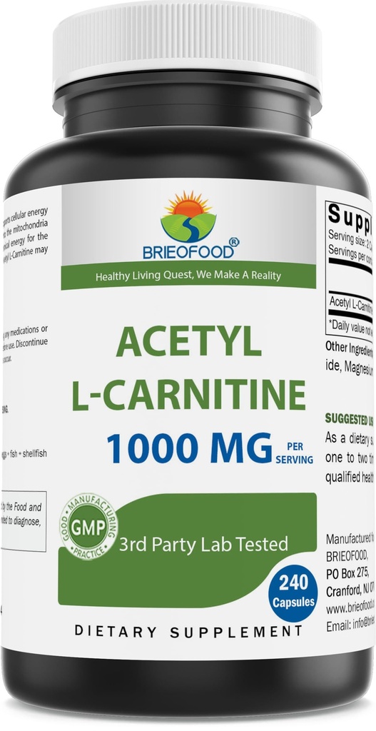 Brieofood Acetyl L-Carnitine 1000 mg Per Serving- 240 Capsules. Gluten-Free, Non-GMO.