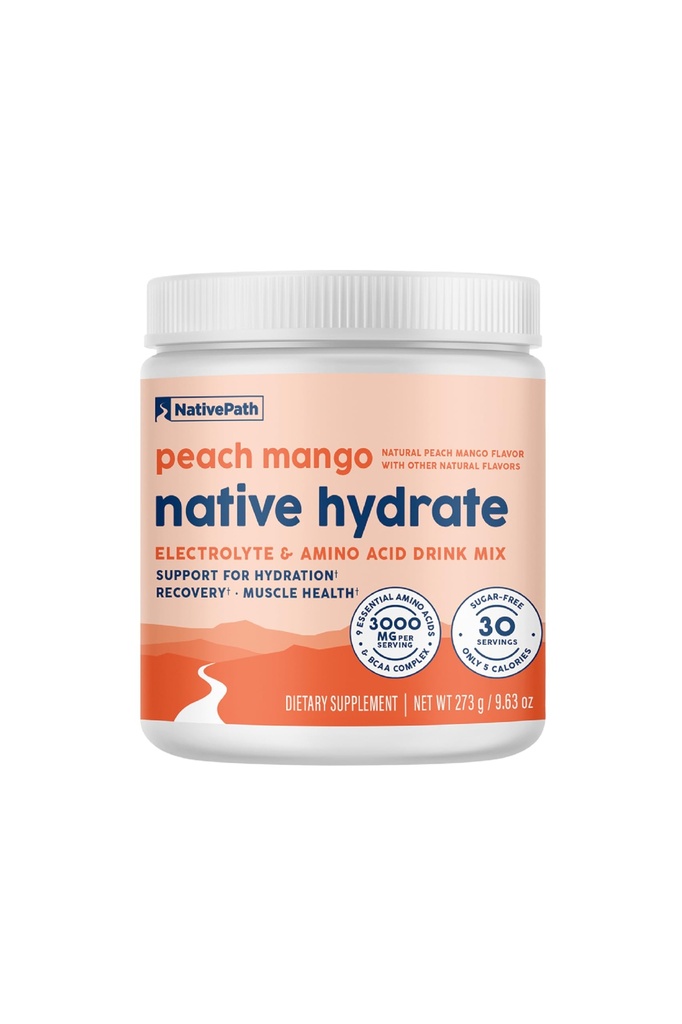 Hydrate NativePath, Zéro Sucre, Poudre d'électrolytes avec BCAA, Hydratation de la mangue de pêche, Keto & Paleo Friendly, 30 portions