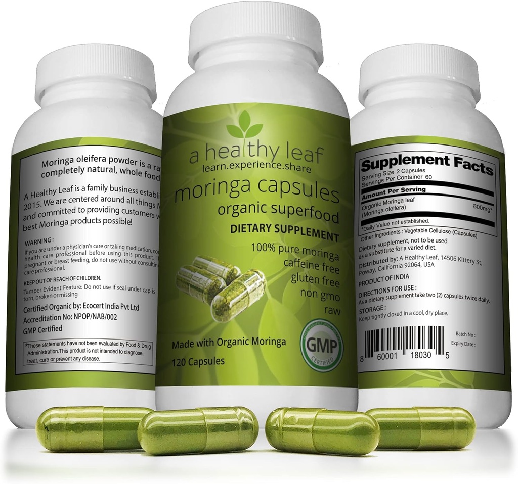 Ein gesundes Blatt Bio Moringa Kapseln - Vibrant Green | Moringa Kapseln Organic | 100% reines Moringa Blatt Kapseln | Energie & Immunsystem Unterstützung