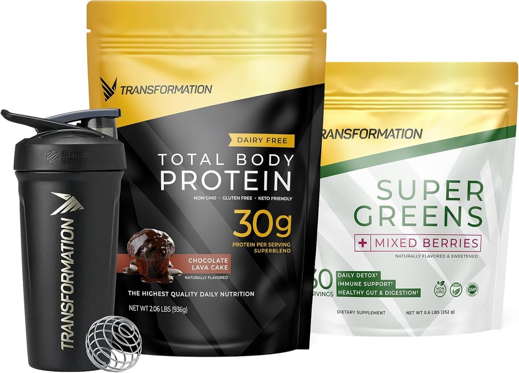 Transformation Poudre de protéines de chocolat, Super Greens Superfood Poudre de jus vert et bouteille de shaker isotherme performance