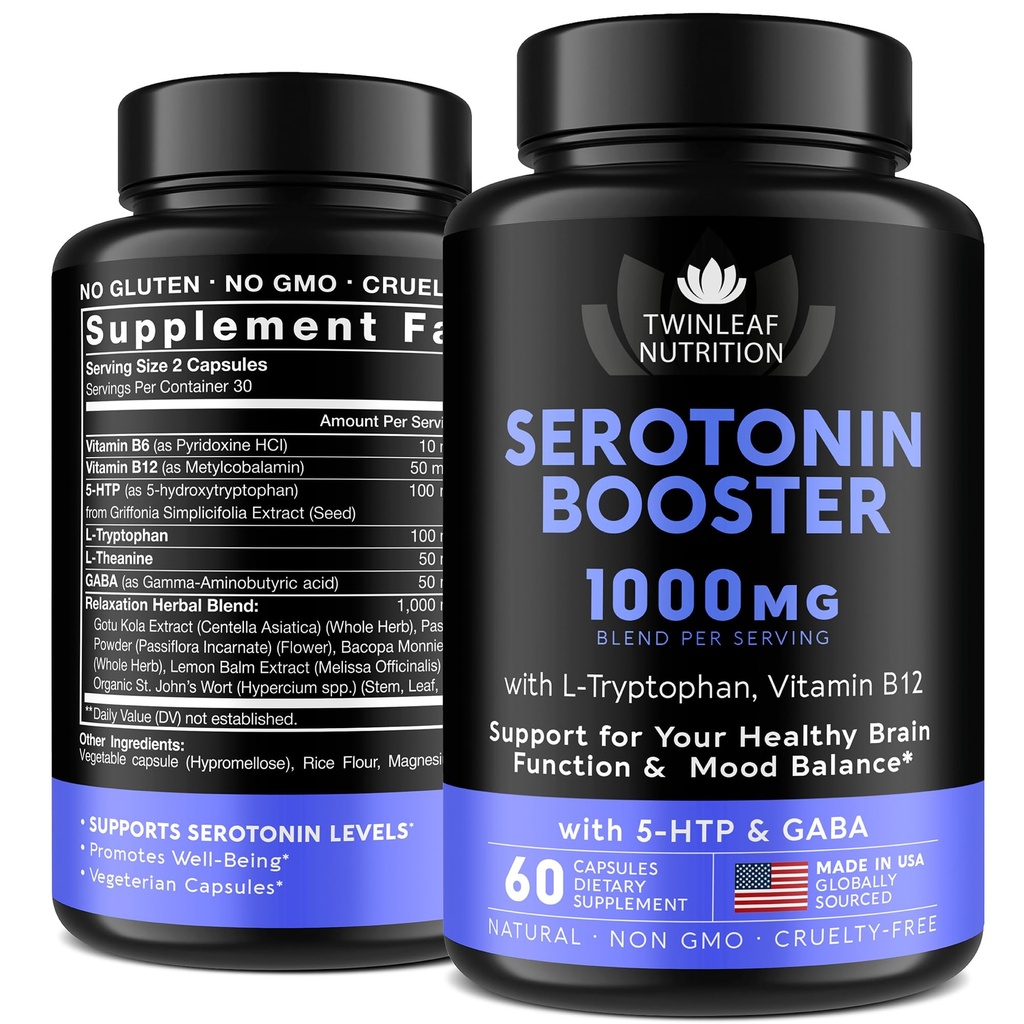 Supplément de sérotonine naturelle - Fabriqué aux États-Unis 5HTP Sérotonine & Cortisol Manager - Supplément de vitamine Sérotonine Booster pour les femmes avec 5-HTP, vitamine B6, B12, GABA, L Theanine, L Tryptophane - 60 capsules