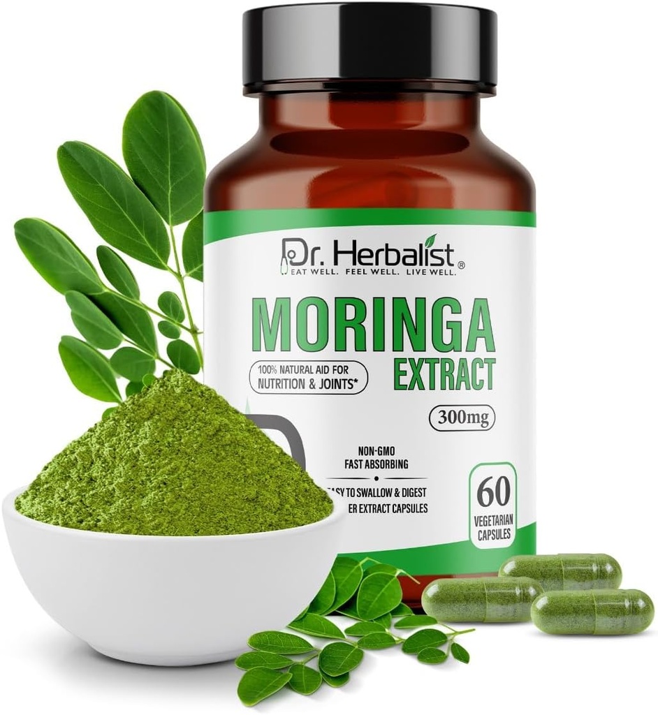 Dr. Herbalist Moringa Oleifera Extrakt 300mg – 60 Vegan Kapseln | 10:1 (3.000mg Rohblatt Eq) | Max Strength Superfood Supplement