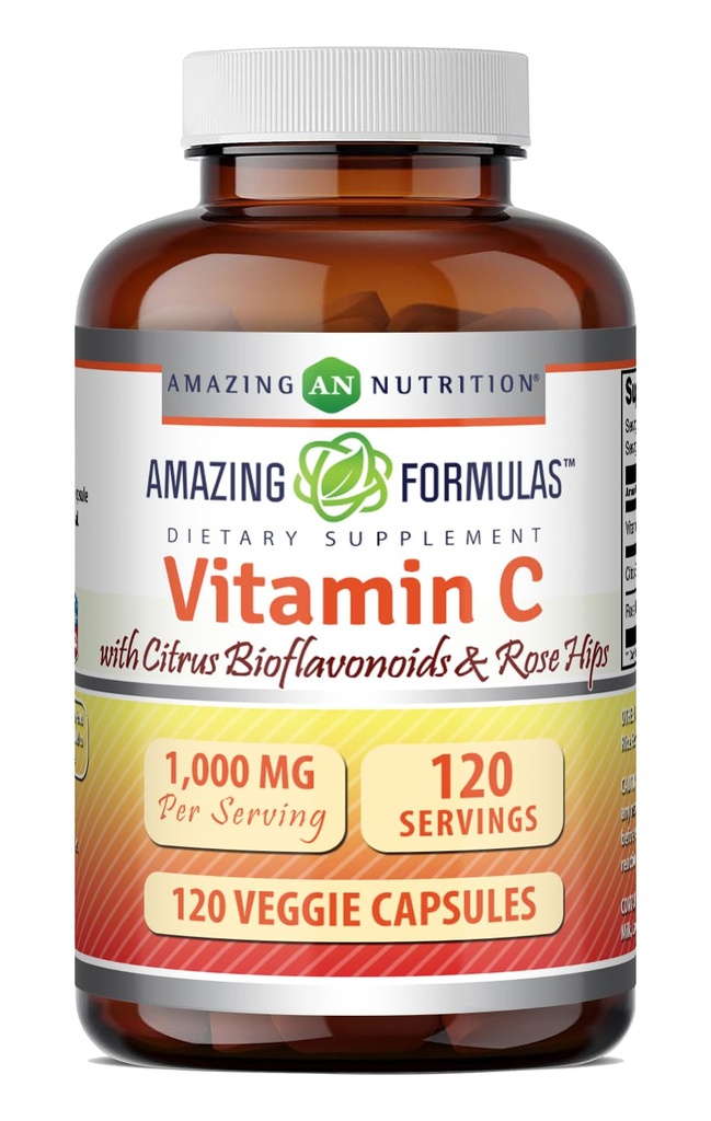 Incredibile formula vitamina C (acido ascorbico) 1000 Mg con Rose HIPS & Citrus Bioflavonoids | Integratore di capsule vegetali | Non OGM | Gluten Free | Made in USA (120 Count)