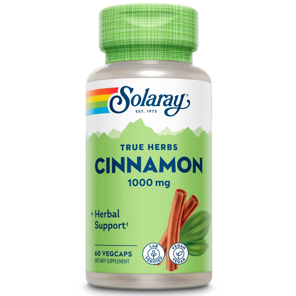 SOLARAY True Herbs Cinnamon Bark 1000mg - Boden Zimt-Ergänzungen - Kräuter-Unterstützung für Gesamt-Wellness - Non-GMO-Projekt Verifiziert - Vegan Kapseln, 60-Tage-Garantie - 30 Servietten, 60 VegCaps