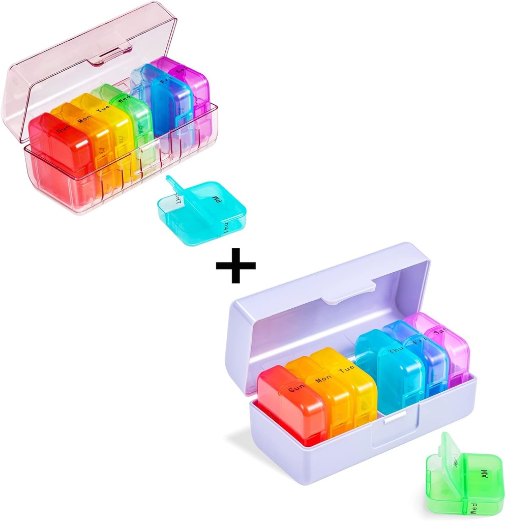 Zoksi Weekly Pill Organizer 2 Times a Day, Rainbow 7 Day Am Pm Pill Box, Daily Am Pm Pill Organizer 7 Day, Portable Vitamin Pill Case, Weekly Pill Box for Fish Oils, Vitamin, Supplement (2 Pack)