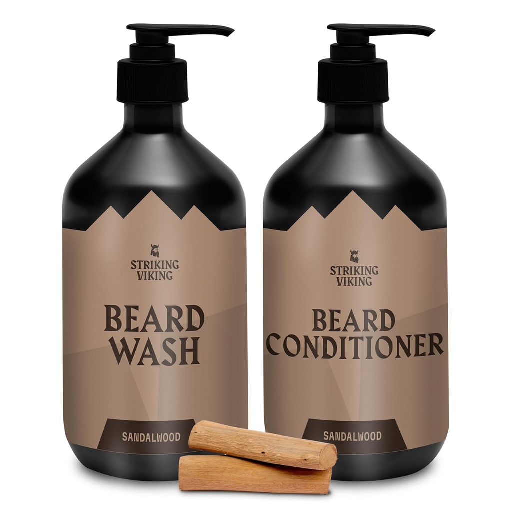 Striking Viking Beard Care Set (Sandalwood) - Paraben & Sulfate Free Shampoo mit Jojoba Öl - Tiefenreiniger für alle Bartarten (10oz pro Flasche)