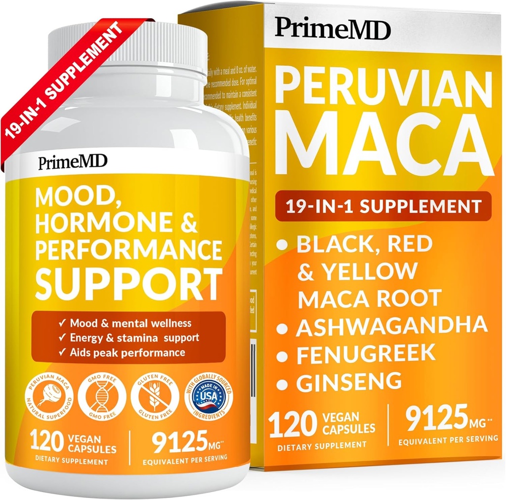 PrimeMD 19-in-1 Peruanischen Maca Root Capsules - 9125 mg Ashwagandha Ergänzungen mit Maca Fenugreek und Ginseng für Stimmung, Hormon & Performance-Unterstützung (120 Kapseln)