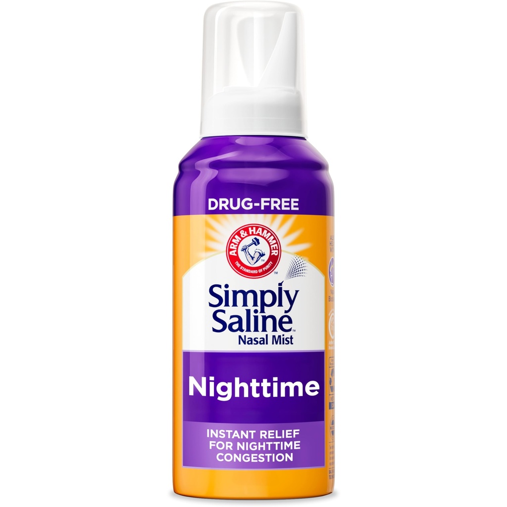 ARM & HAMMER Einfach Saline Nighttime Drug-Free Mist für Nasal Congestion at Night, Extra Strength, Calming Eucalyptus, Safe to Use with Rx and OTC, Für Erwachsene und Kinder Alter 2+, 4.6 oz (129 g)