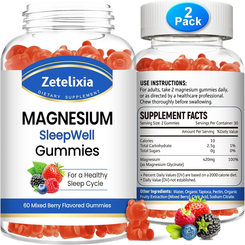 Magnesium Glycinate-Gummien, hohe Absorption Magnesium-Ergänzung für Erwachsene Kinder, Entspannung, Gehirn, Muskel-und Knochen-Unterstützung, Melatonin Free, Zuckerfrei, Mischbeer-Flamvor, 120 Cts