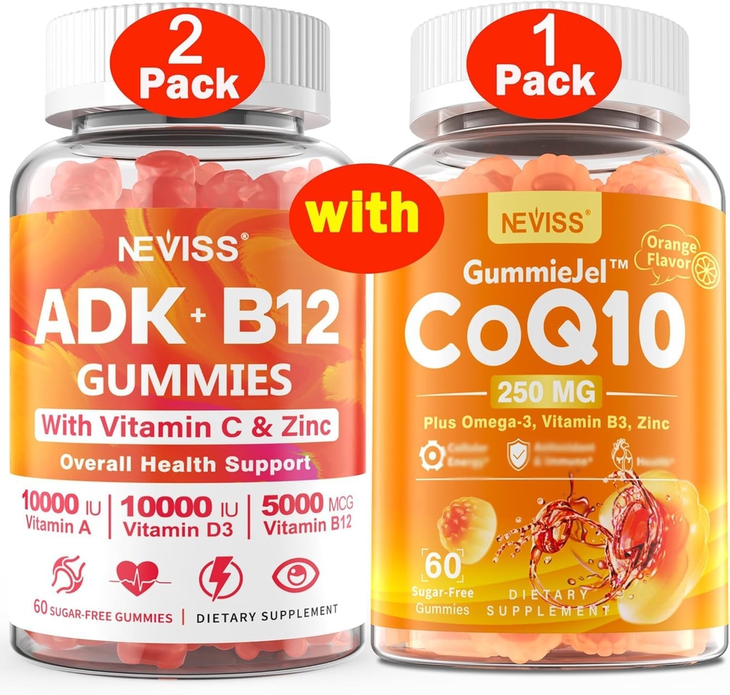 NEVISS 2Pack Vitamine ADK avec Gommies B12 + 1Pack CoQ10-250mg Gommies remplies