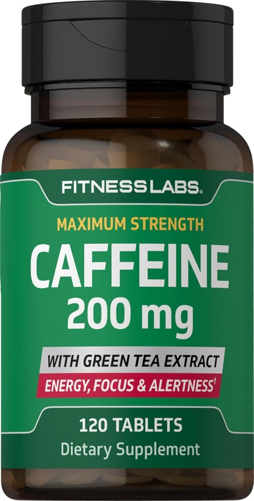 Pillole di caffeina | 200mg | 120 compresse | con Estratto di tè verde | Supplemento di massima resistenza | Vegetariano, Non OGM, Gluten Free