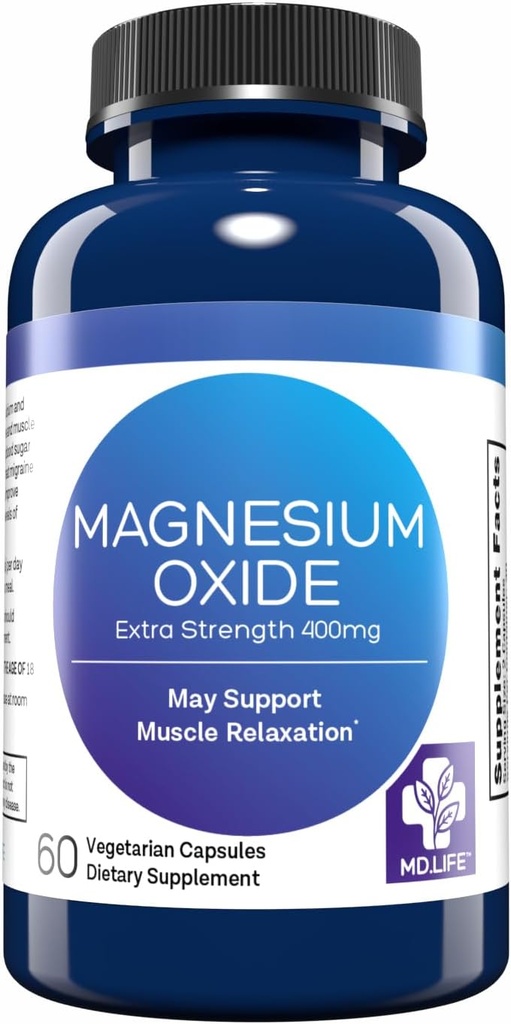MD. Life Magnesiumoxid 400mg Kapseln - Hohe Absorption Magnesium Beilage für Leg Cramps, Schlaf- und Gefäßgesundheit - 60 Kapseln - Non-GMO Pillen für Damen