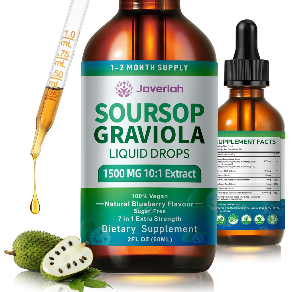 Sursop Graviola Liquid Drops Complement with Sea Moss Extract, Sursop Bitters Liquid for Cell Support & Regeneration, Immunity, Foie, Antioxydant, Graviola Leaves Extract 2 Month Supply 60ML