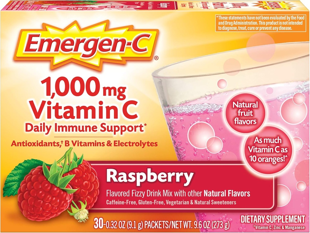 Emergen-C (30 conte, Raspberry Flavor, 1 mese di fornitura) Integratore alimentare Fizzy Drink Mix con 1000mg Vitamin C, 0.32 Ounce Packets, Caffeina Free