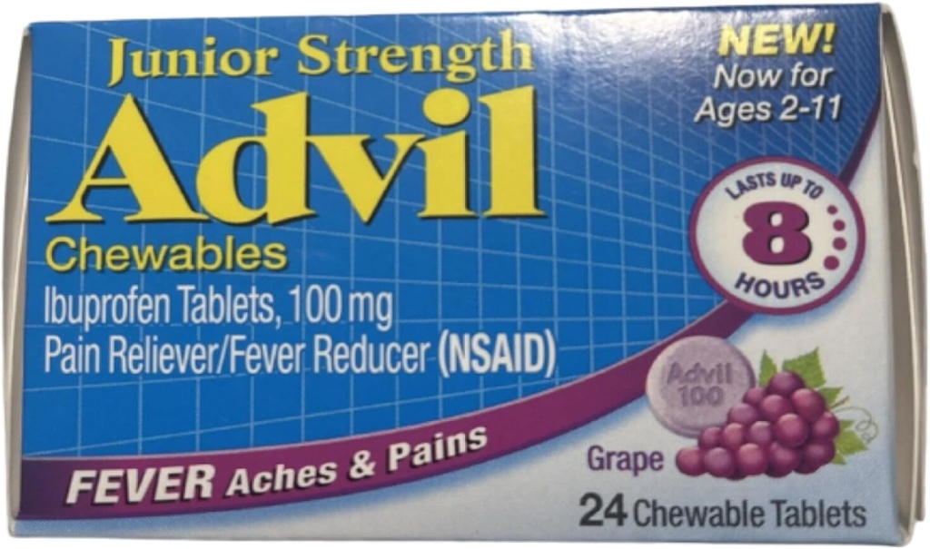 Advil Junior Chewable Ibuprofen Tablets, Uva 100mg, 24 compresse Ogni (Pack of 4)
