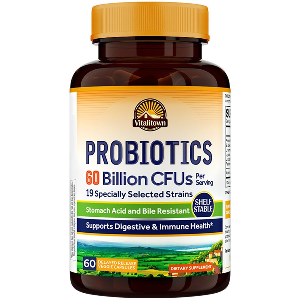 Probiotici Vitalitown + Prebiotici | 60 miliardi di CFU 19 Strains | 60 Tappi di Veg di rilascio ritardati | Stabile di scaffale, Prebiotici e Probiotici | Salute Digestiva, Salute Immune | Vegan, Non OGM, No Dairy