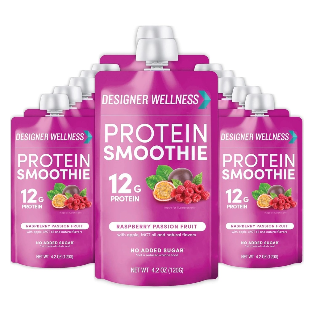 Designer Wellness Protein Smoothie, Frutta reale, Proteine 12g, Carbo basso, Zucchero a zero, Senza glutine, Non OGM, Nessun colore artificiale o aromi, Frutta della passione del lampone, 12 conte