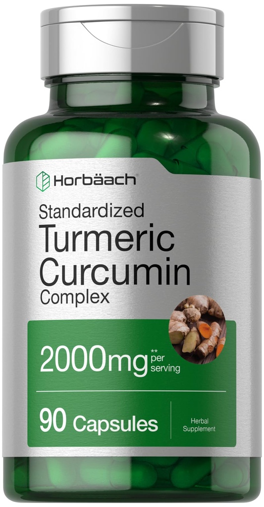 Horbäach Turmeric Curcumin Supplement 2000mg | 90 Kapseln | Komplex mit schwarzem Pfeffer | Non-GMO, Glutenfrei