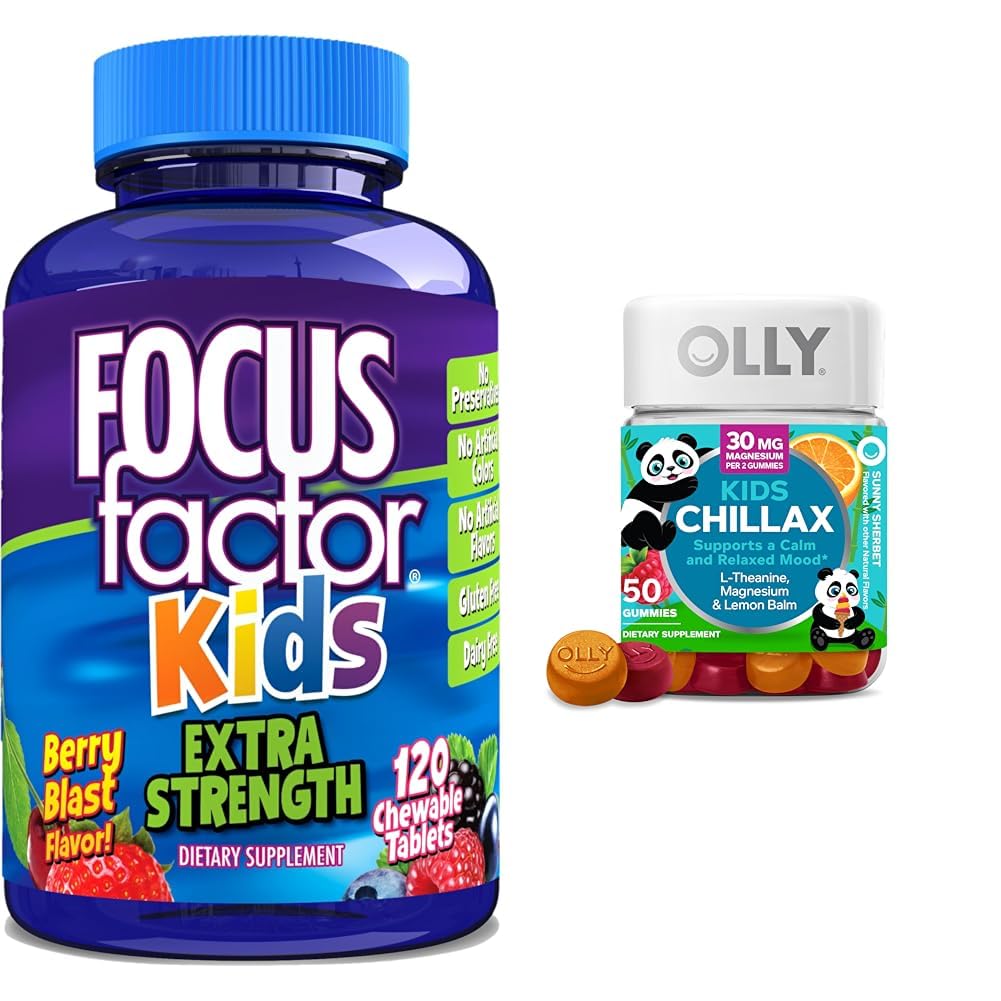 Fattore di messa a fuoco bambini ad alta resistenza giornaliero chewable Brain Health Support + OLLY Kids Chillax Calm Chews, 50 Count