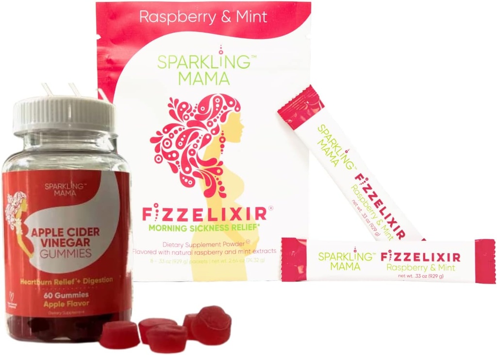 Sparkling Mama's Morning Sickness Relief ~ Raspberry Mint, 8 Count and Apple Cider Vinegar Gummies | Delicious Apple Flavor, 60 Gummis
