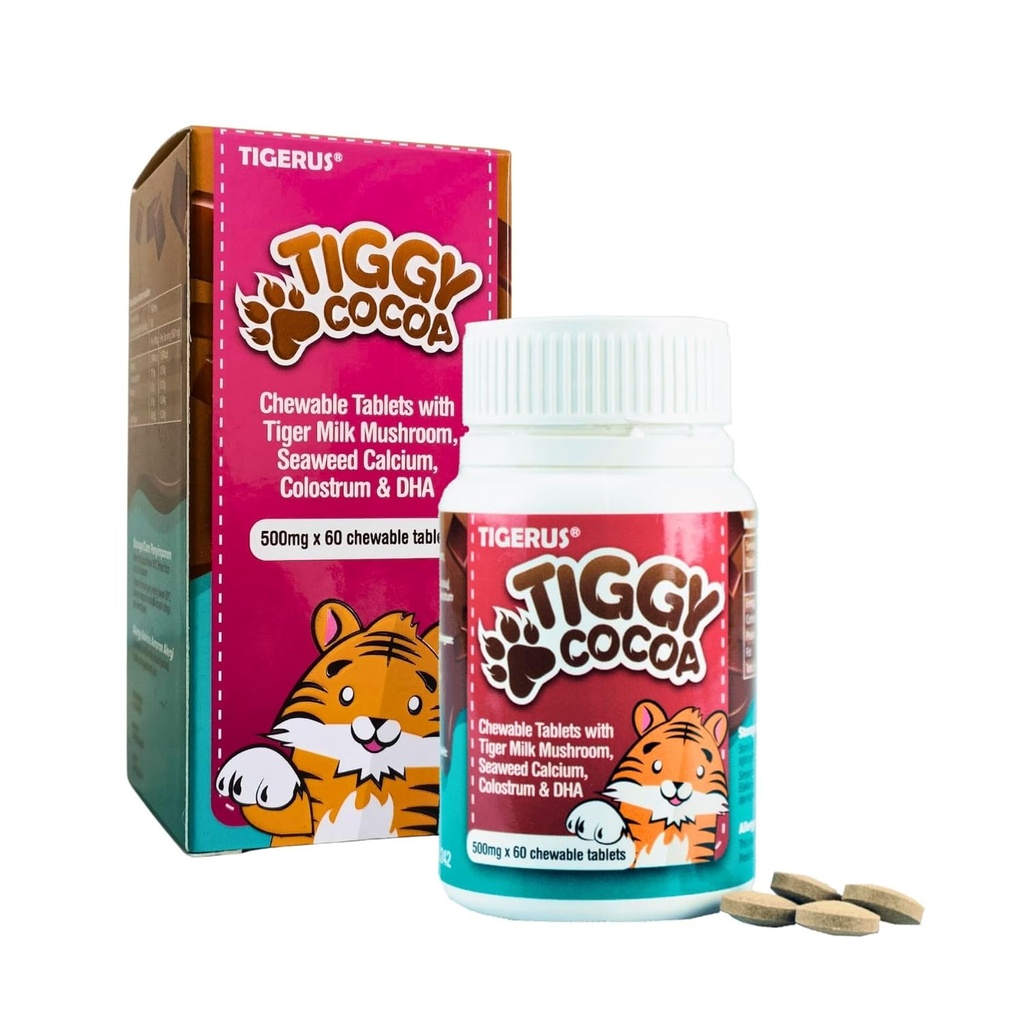 TIGGY Kakao Kautabletten mit Tiger Milk Mushroom – Köstliche, bequeme und nahrhafte Kakao-basierte Ergänzung für Energie, Wellness und Gesundheit – 60 Tablets, Kinder & Erwachsene
