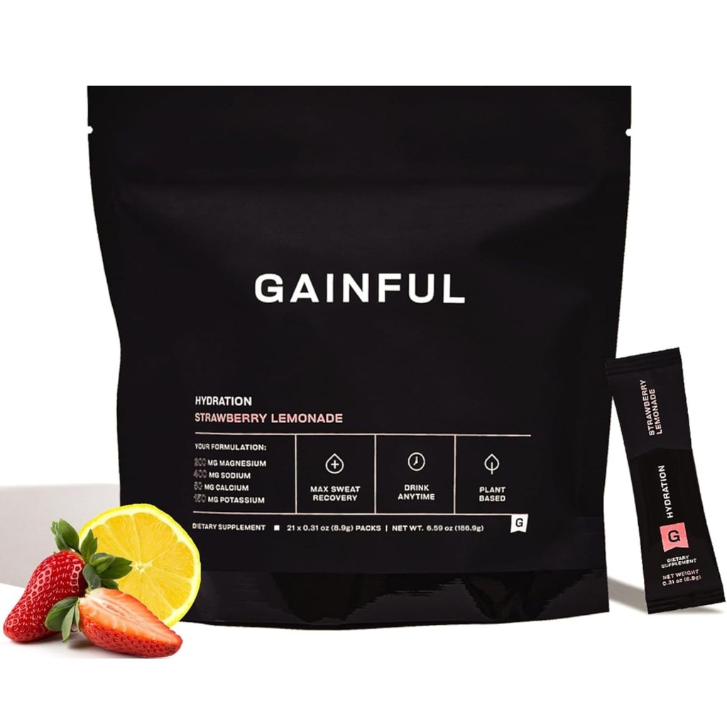 Packs de poudre d'hydratation gainée, sans caféine avec électrolytes clés Magnésium et sodium, support énergétique, faible sucre, citronnade de fraise, 21 bâtons
