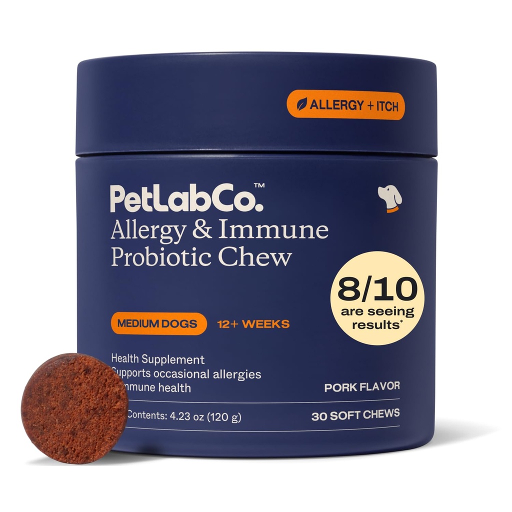 PetLab Co. Allergies et immunitaires probiotiques quotidiens pour chiens. Supporte la production de levures, allergies saisonnières, Itchiness intermittente, Gut et santé digestive pour chiens de taille moyenne, emballage mai Vary