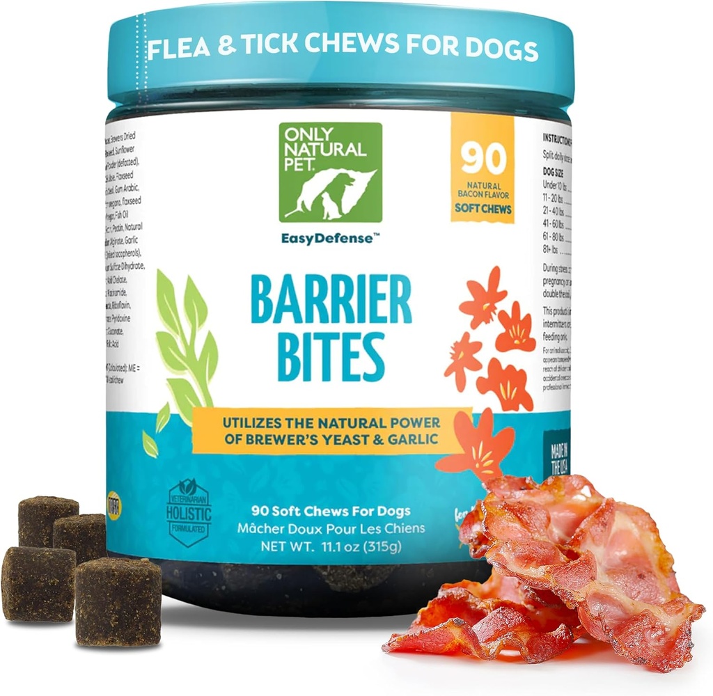 Solo animale naturale EasyDefense Barrier Bites Soft Flea Chews for Dogs - First Line of Defense Againts Fleas & Ticks, Boosts Immune System and Healthy Skin & Coat - (90 Bacon Flavored Soft Chews) 1 confezione