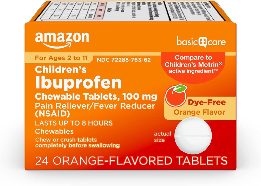 Ibuprofen Chewable Tablets per bambini, Riduttore di dolore e febbre, Aroma arancione, Età 2-11, Dura fino a 8 ore, 100 mg, 24 conte
