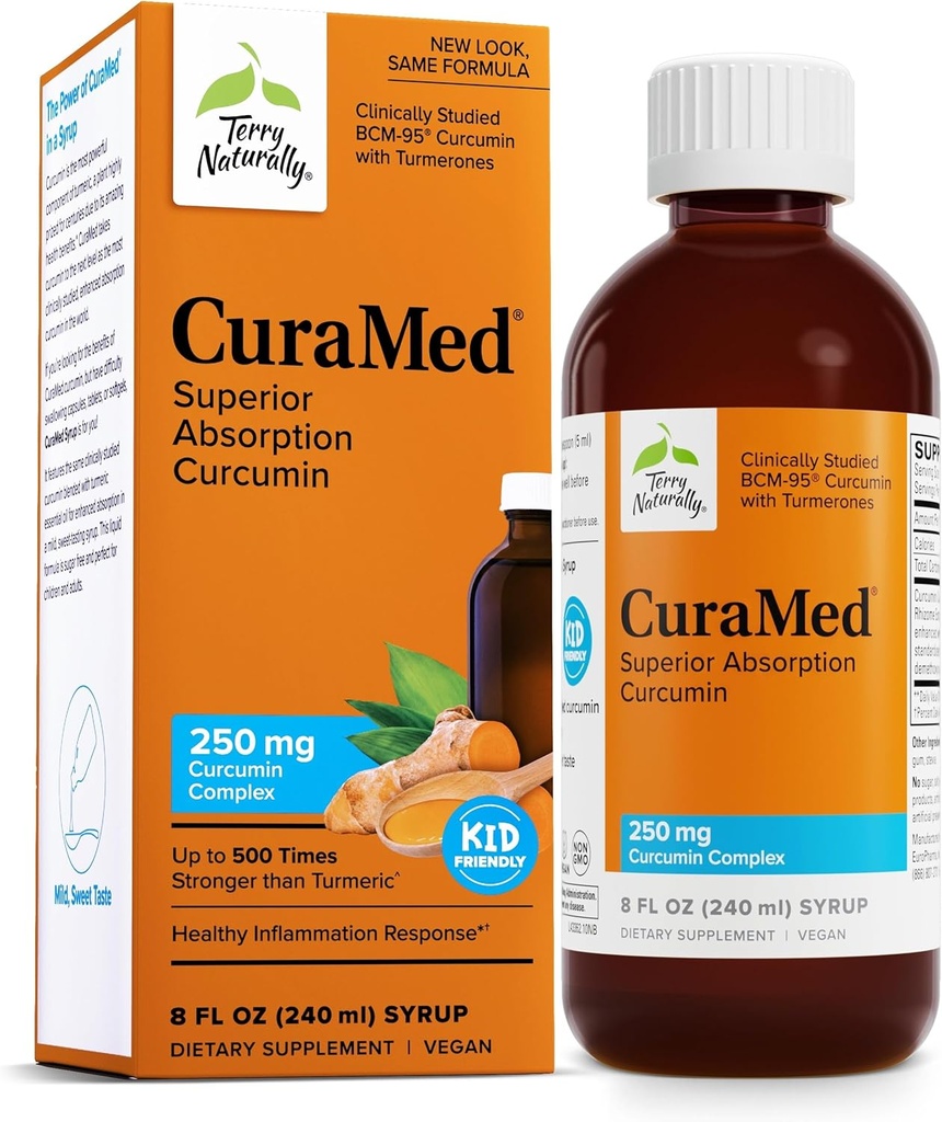 Terry naturellement CuraMed Sirop - Supplément Santé Cerveau et Immune - Formule d'absorption Curcumine avec huile essentielle curcuma - Supplément sans gluten et végétalien - 8 fl oz