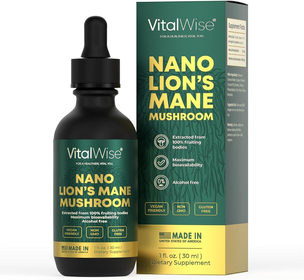 Teinture de champignons de la Mane de Nano Lion - Absorption rapide et maximale Cerveau et immunosoutien Extrait liquide organique pour mémoire naturelle, focus et clarté