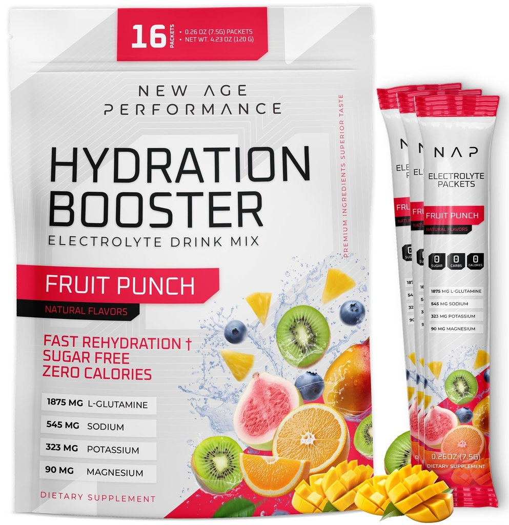 New Age Performance Hydration Packets, Elektrolyte Pulver, Flüssig Enhancer für Dehydration Relief, L-Glutamin Aminosäuren für Muskel-Workout-Recovery, Zucker Free & 0 Calorie, 16 Sticks (Fruit Punch)