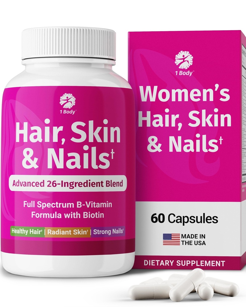 1 Peau de cheveux et ongles Vitamines avec Biotine – Supplément de croissance des cheveux pour les femmes et les hommes avec 26 vitamines, minéraux et extraits de plantes – Cheveux plus forts, peau et ongles sains – 60 capsules végétaliennes
