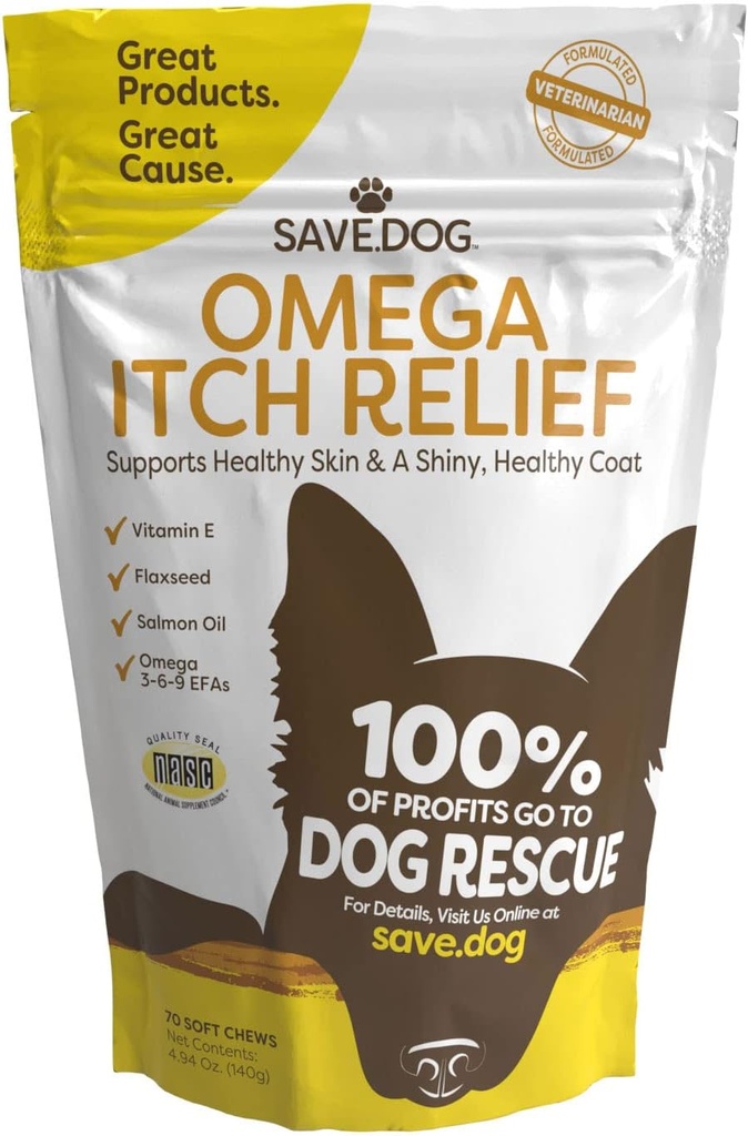 SAVE.DOG Omega Itch Relief für Hunde – Gesunde Haut und Mantel Ergänzung mit Vitamin E, Fettöl und Lachsöl für Itch Relief - Pet Supplement mit einer Ursache (70 Chews)