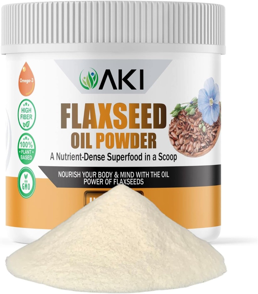 Poudre d'huile de lin AKI - emballée avec des éléments nutritifs essentiels comme les acides gras oméga-3, fibre et lignans - Exemptes d'additifs artificiels, fabriqués avec des ingrédients de qualité idéale (5.30oz/150g)