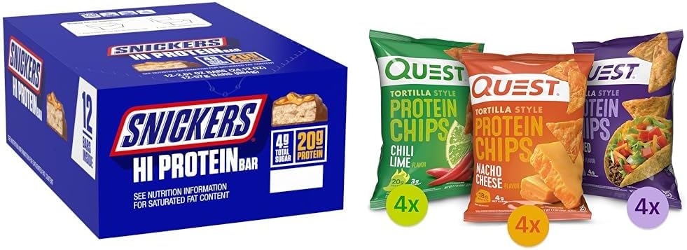SNICKERS Hi Protein arachide Caramel Bar en vrac boîte, Quest Tortilla Protein Chips Variety Pack