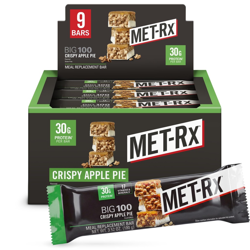 MET-Rx Grandes 100 barres de protéines colossales, barres de remplacement de la tarte aux pommes croustillantes, 9 comtes